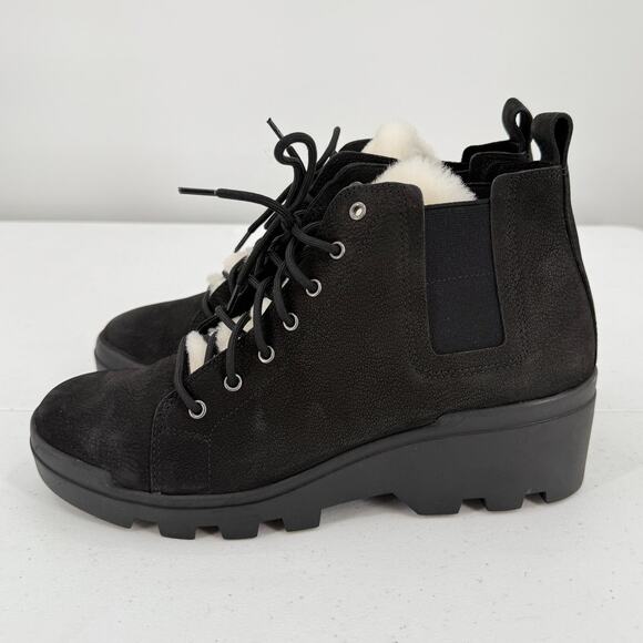 NEW Eileen Fisher Black Calm Shearling Lace Up Wedge Hiker Boot Booties Size 8 - Picture 1 of 10